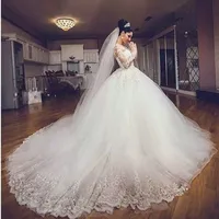 

Latest Bridal Wedding Gowns Vestido de noiva Charming Deep V-Neck Lace Appliqued and Beaded A-Line Wedding Dress 2019