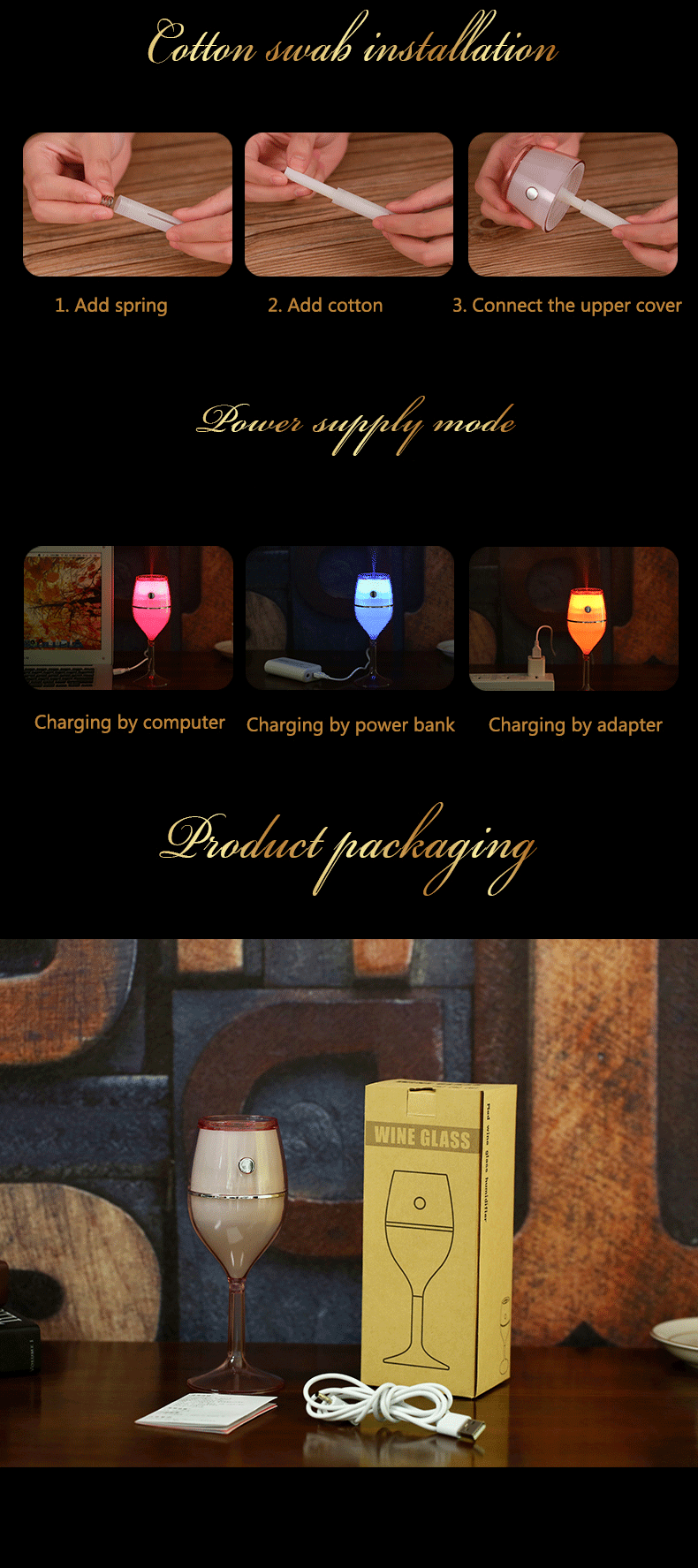 2017 hot selling romatic red wine glass ultrasonic usb aroma air humidifier with 7 color led lights