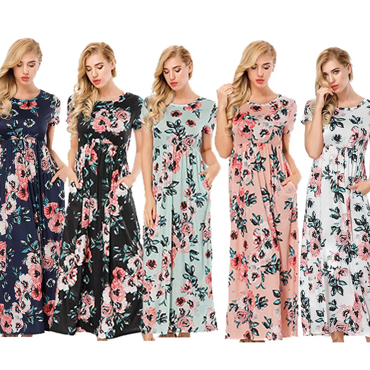 

Woman Dress Summer 2018 Floral Short Sleeve Dresses Hot Pink Maxi Dress, N/a