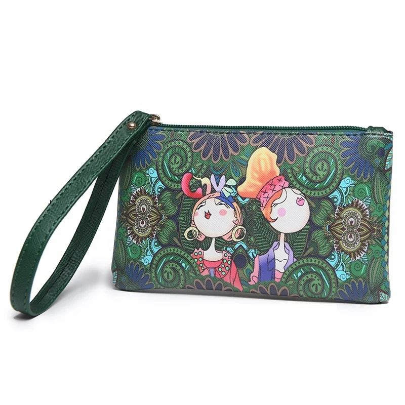 

PU leather ladies green cartoon female card purse wallet hand purse phone bag, Multi