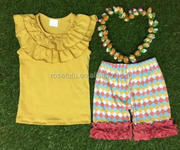
baby girls boutique pearl yellow clothing and camouflage color ruffle short pants girls cotton sets 