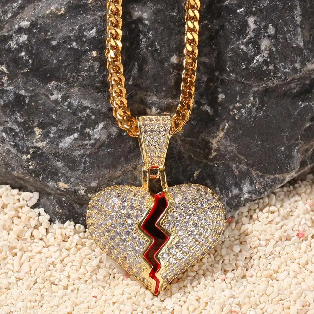 

Color Cubic Zircon Men's Women Hip hop Jewelry for Gift Broke Heart Necklace Pendant, Picture