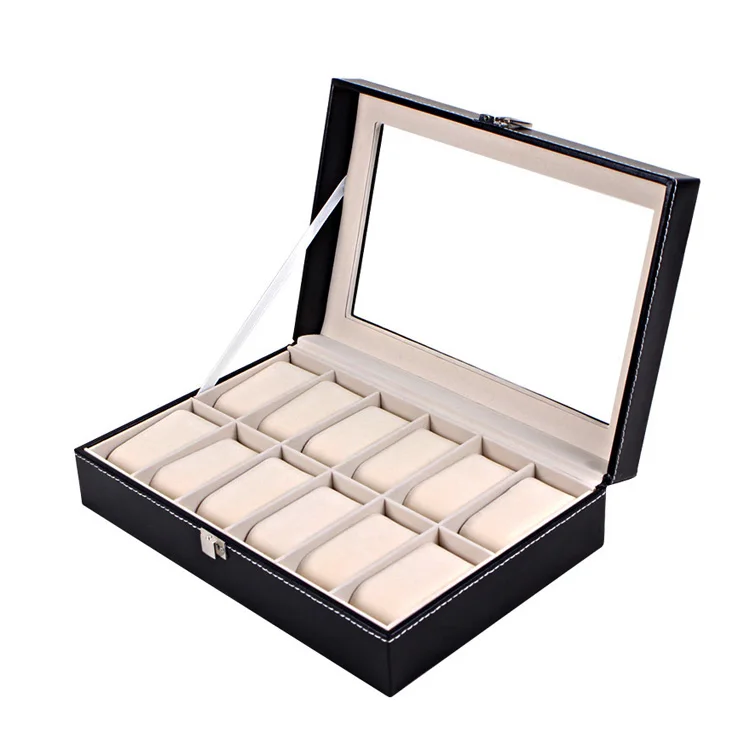 

PU/pvc leather black 12 slots watch box /case with lock