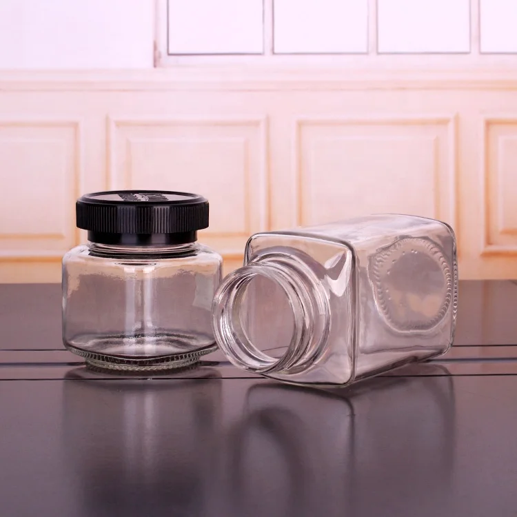 
wholesale 400ml square food grade glass coffee bean storage jar with plastic lid 
