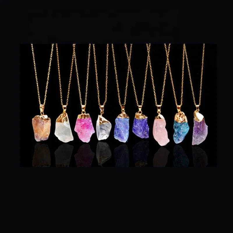 

Multi color natural stone crystal plain stone pendant with gold alloy chain for sweater gemstone raw rocks necklace