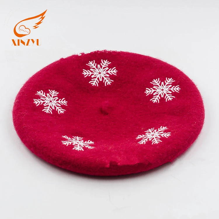 Classic Ladies Red Beret Hat Fashionable Snowflake Embroidered Girls Winter Hat for Christmas