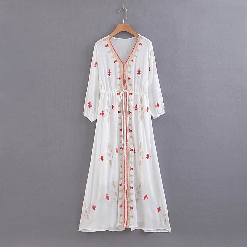 

Embroidered high quality cotton lady summer long sleeve sexy maxi dress