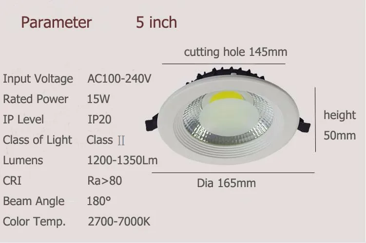COB 180 Beam angle 1500 lumens 5W 10W 15W LED COB Recessed Ceiling Light