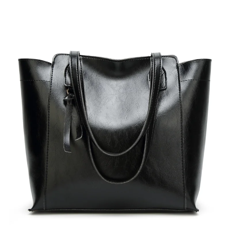 Latest new custom Oil wax black pu leather women handbag tote bag