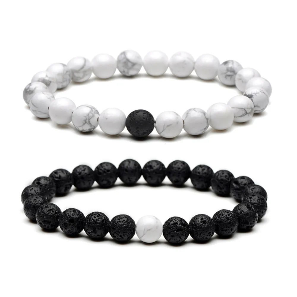 

His and Hers Bracelets Couple Bracelet with Black Lava Stone & White Howlite Beads Distance Relationship Couples Bracelet