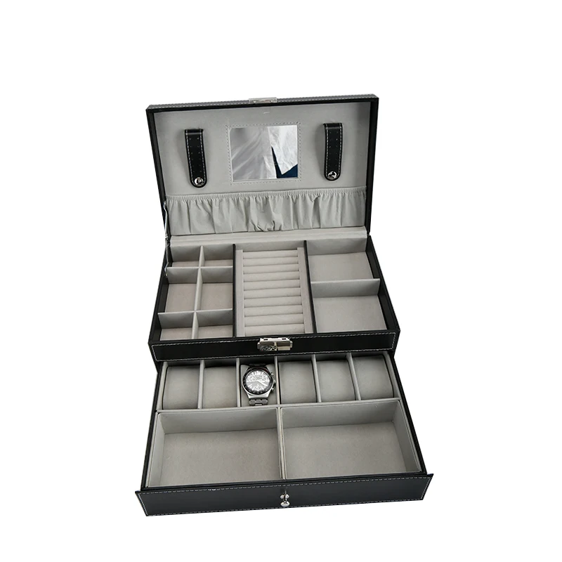 

Multifunction high-end large capacity 2 layers 12 slots black PU leather gift luxury watch box for storage and with mirror inner