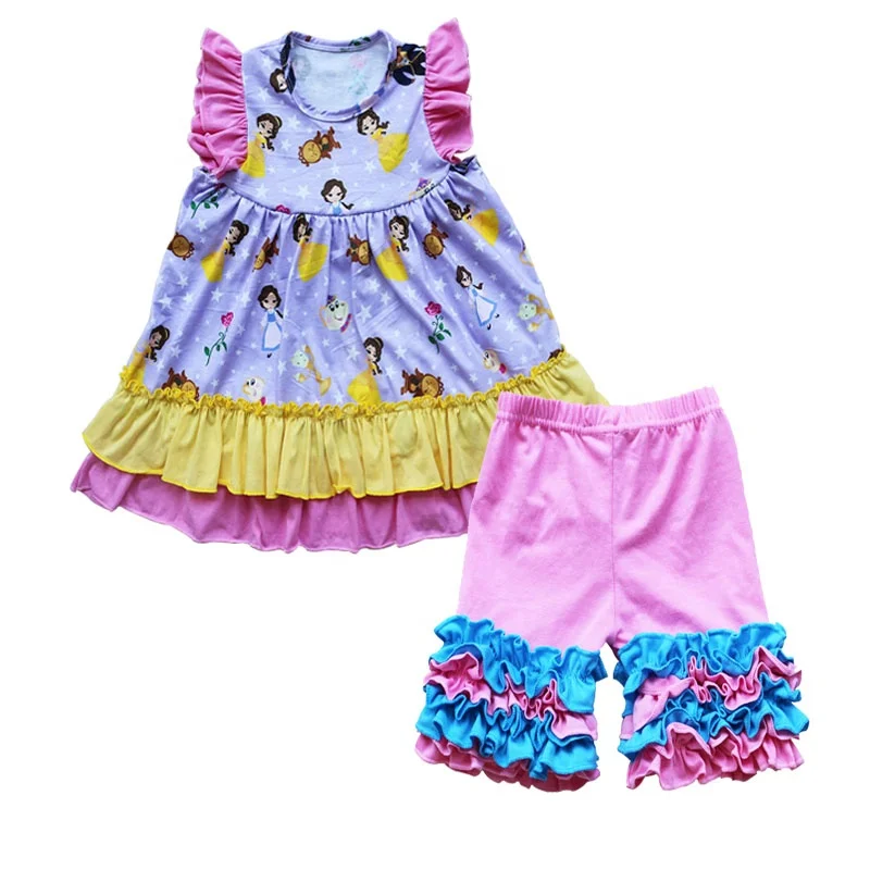 

Baby New Design Knit Cotton Clothing Two Pieces Flutter Tunic Matching Icing Shorts Baby Girls Clothes Sets