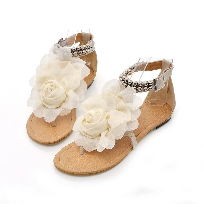 

New Summer Women Girls Flats Toe-post Beaded Flower Flip-flop Sandals Shoes Beige