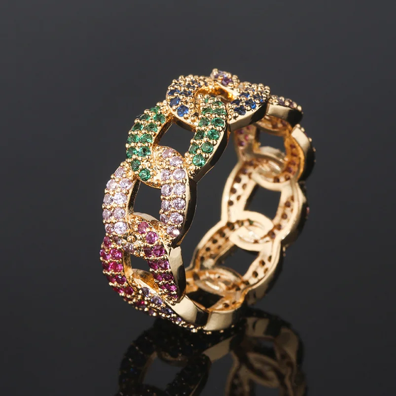 PANTA Micro Pave Cubic Zircon Hip Hop Jewelry Multi Color Bling Bling Lad Diamond Iced Out Cuban Link Chain Gold Ring