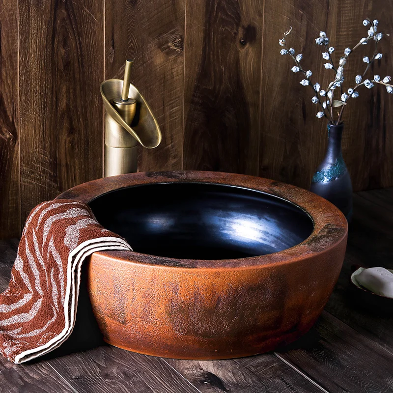 Art Ceramic Counter Top Bathroom Bowl Sink Round Black With Brown Color