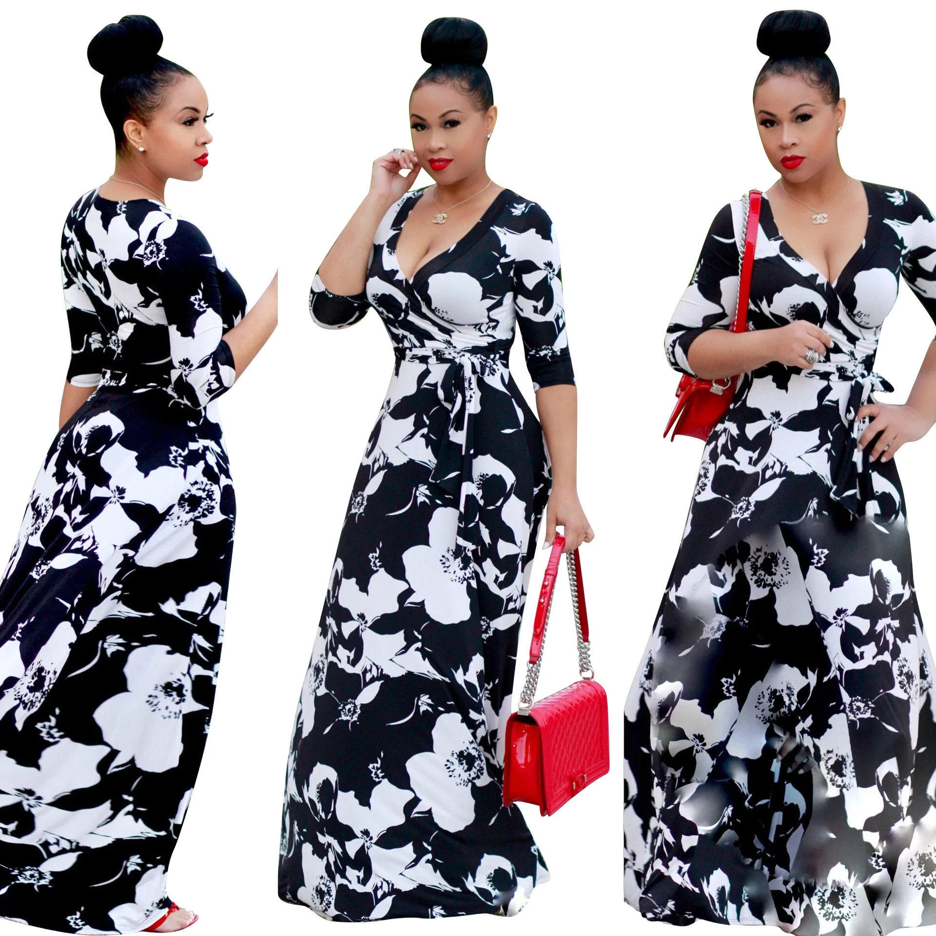 Women's Long Bohemian Floral Deep V Neck Plus Size Dress For Fat Lady