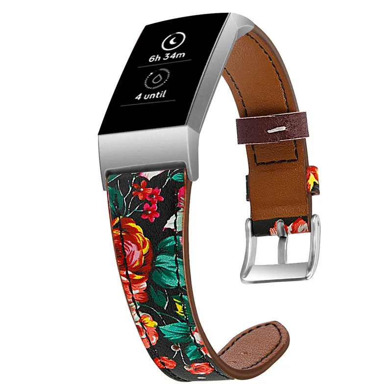 Printed Flower Replacement Genuine Leather Watch Band For Fitbit Charge 3