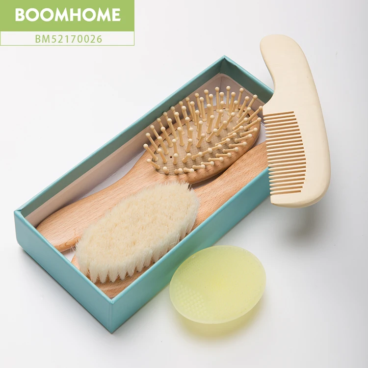 

baby hairbrush set wooden with 100% goat hair for newborn round custom logo factory natural hot baby products