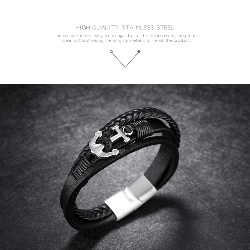 China Wholesale Braided Wrap Leather Mens Black Anchor Bracelet