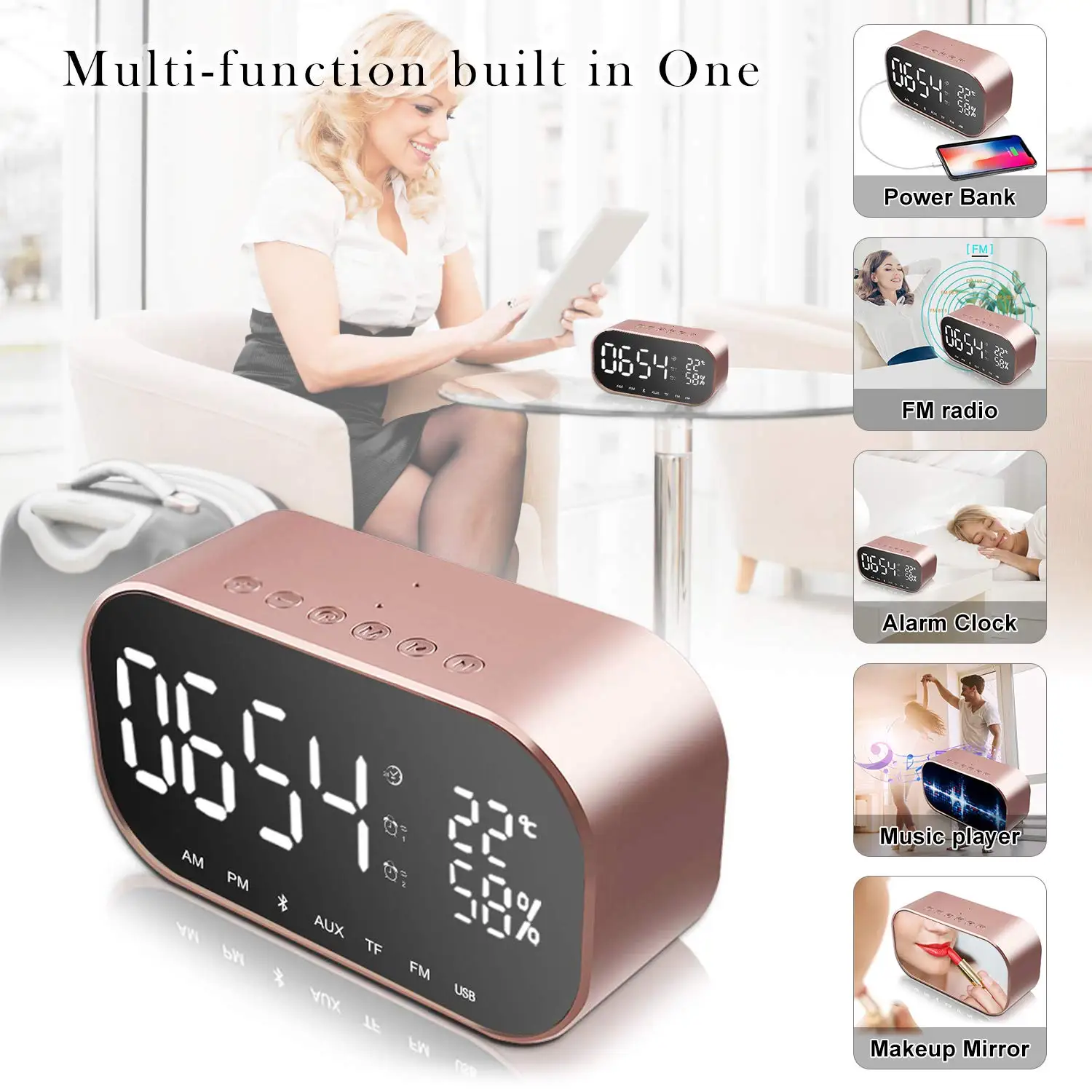 Portable Alarm Clock Wireless Bluetooth Speaker LED S2 S5 Mirror Bluetooth S2 Speaker for Smartphone - ANKUX.COM