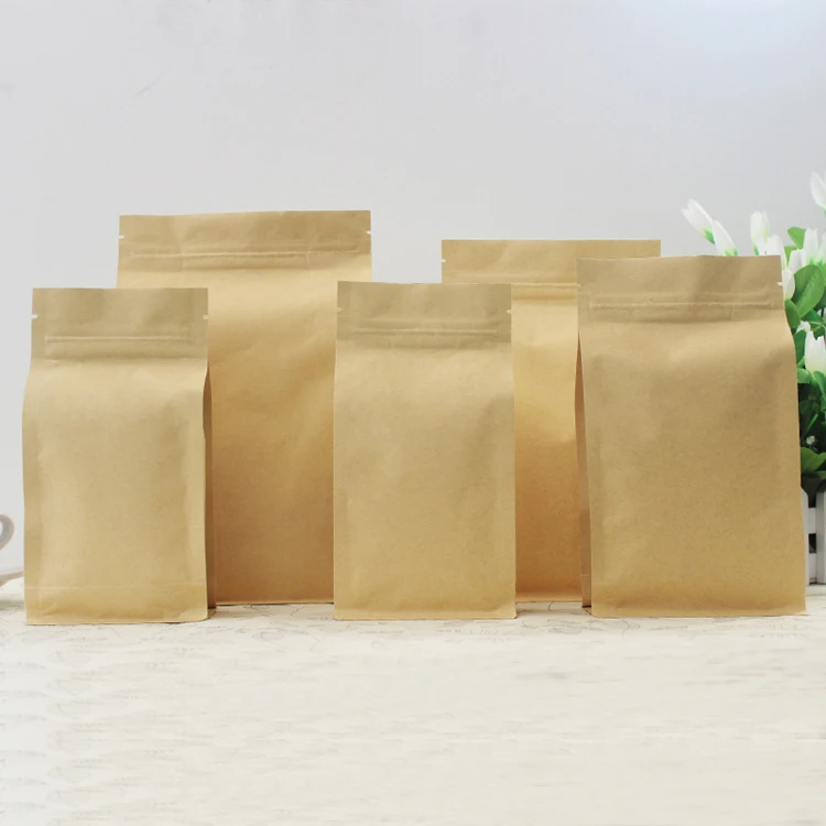 Resealable eight-side sealing kraft paper bag for coffee bean packing