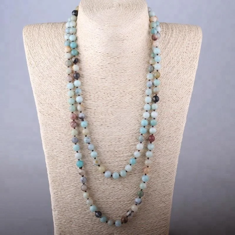 

Fashion Knotted Shiny Normal Amazonite Stones long necklaces Bohemian Tribal Jewelry Women Necklace, Matt