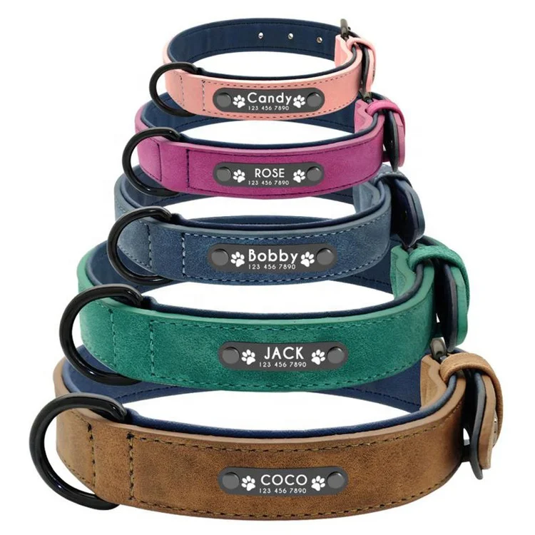

Puppy Small Medium Large, Personalized Engraved Leather Flat Dog Leash and Collar Set, Brown, blue, green, pink, purple or customized