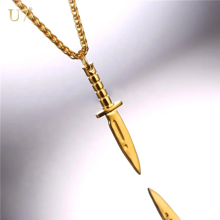 

U7 Gold plated custom knife jewelry stainless steel mens dagger charm necklace