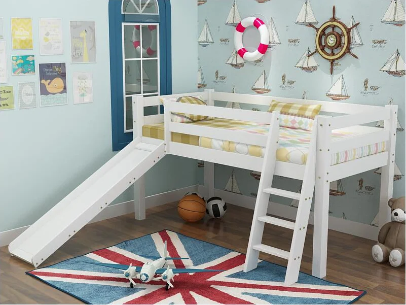 Solid color bedroom furniture for child multifunctional design wooden white kids bed with slide TYKB003