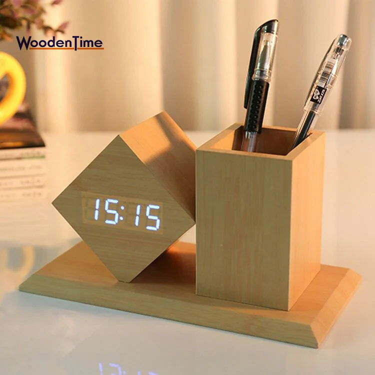 
2018 Creative Christmas gift Study Desk Wood Pen Container Holder LED Digital Alarm Clock With Temperature Time Date 