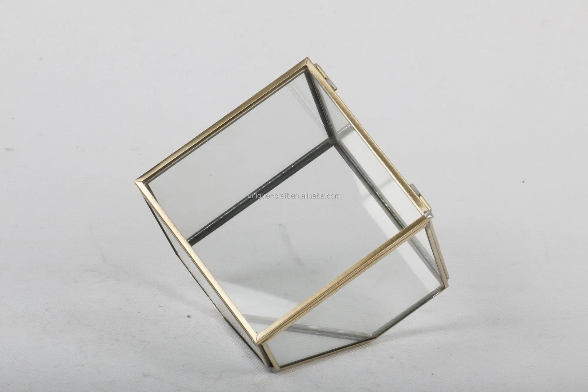 4 Inch Antique Brass Copper Small Glass Geometric Cube Terrarium Supplies with Hinged Door