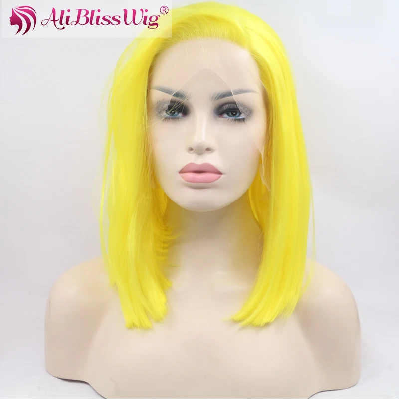 

Realistic Looking 14 Inches Heat Resistant Synthetic Fiber Hair Free Part Neon Yellow Straight Cosplay Short Bob Lace Front Wig