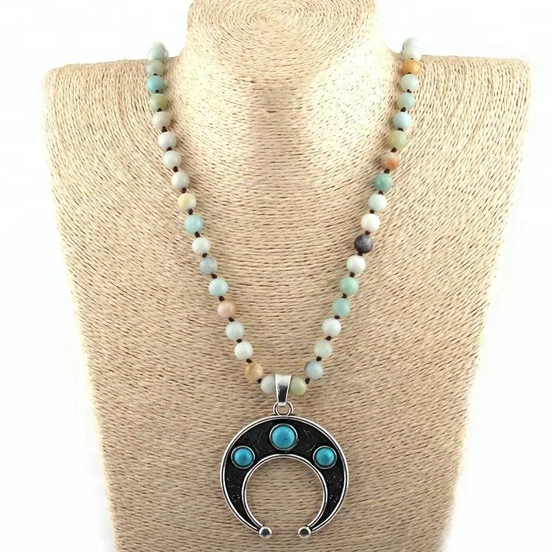 

Amazonite Stones knotted Women necklaces Star Moon Pendant Necklace, Matt or shiny stone