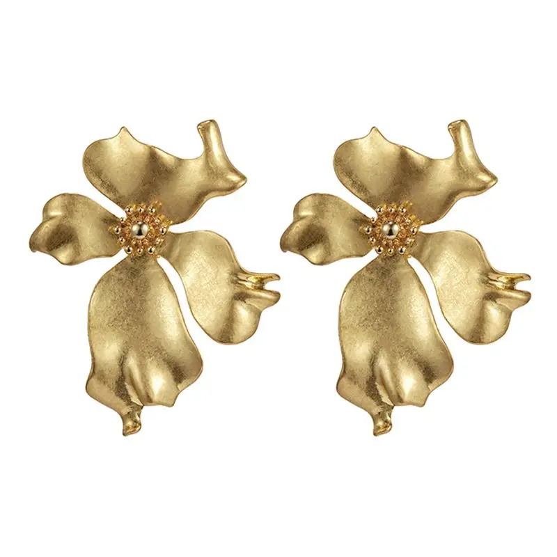

925 silver needle Europe New Vintage Gold Color Metal Flower Big Stud Earrings For Women Fashion Personality Statement Earrings, Picture