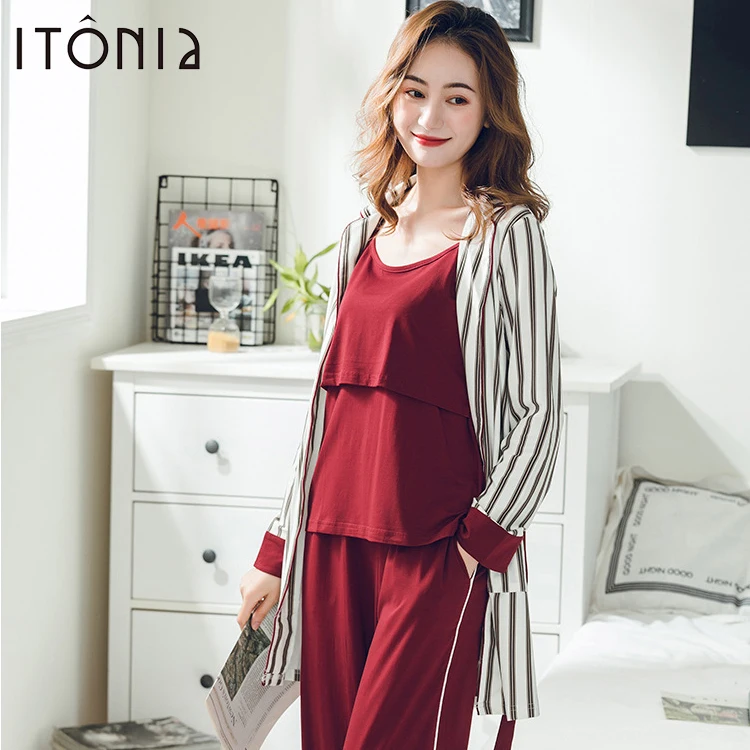 

2019 New Style 3pcs Stripe Pregnancy Maternity Robe Pajamas Set