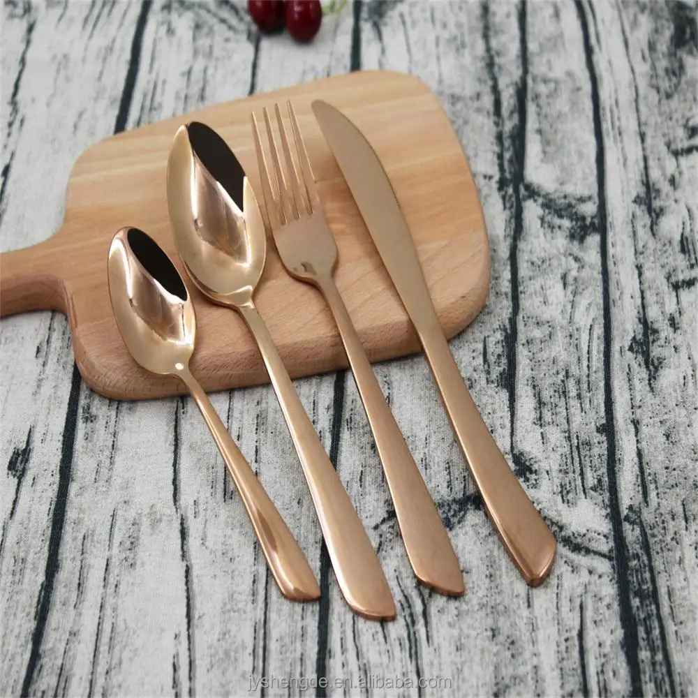 

Newest design copper stainless steel 16 pcs or 24 pcs Wedding cutlery set ,luxury rose gold plated Flatware, Rose gold, but can customize