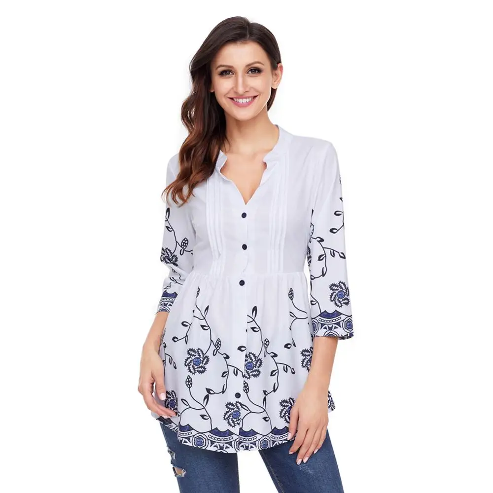 

Women Clothing Floral Chiffon Kurtis Button-Down Pin Tuck Tunic Tops, Black