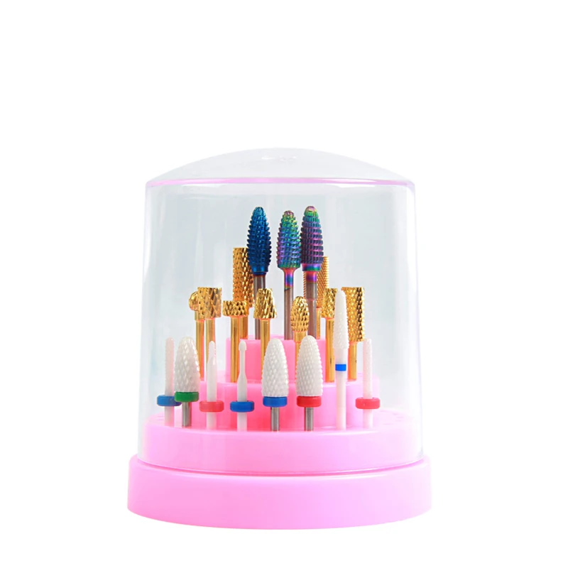 

BQAN Plastic Nail Drill Bit Display Holder With Cover Nail Art Container Storage Box 48 Holes, Pink