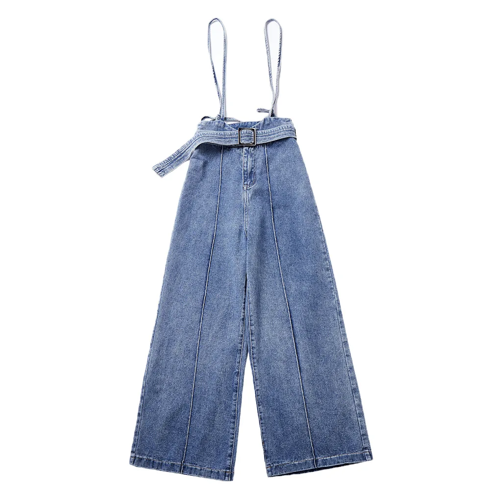 

Casual Loose Denim With Gallus Wide Leg Pants Women Autumn High Waist Elastic Jearns Pants Long Solid Trousers Femme Blue