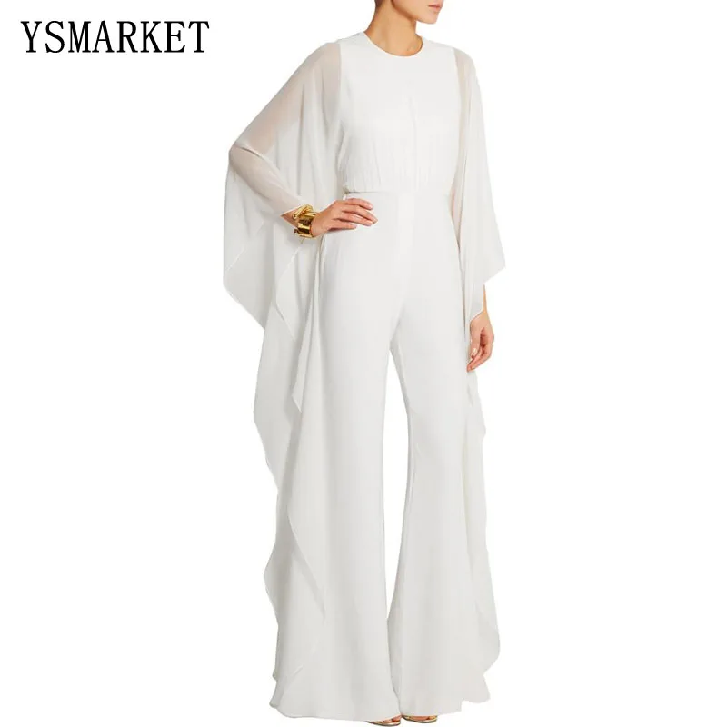 

Women Chiffon Romper Jumpsuit Trendy New Long Sleeves Personalized Cape Overalls White Red Navy Black Jumpsuits Loose Long Pants, N/a