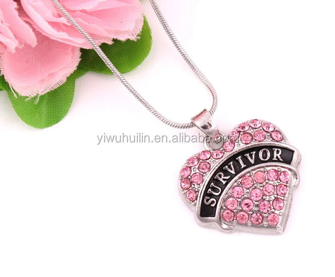 

NH116 Fashion Silver Stone Engraved Survivor Heart Pendant Paved Pink Blue Rhinestone Snake Chain Necklace