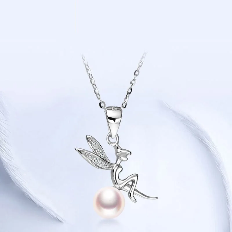 Handmade 925 Sterling Silver Pearl Inlay Angel Charm Pendant Necklace with Custom Logo Service