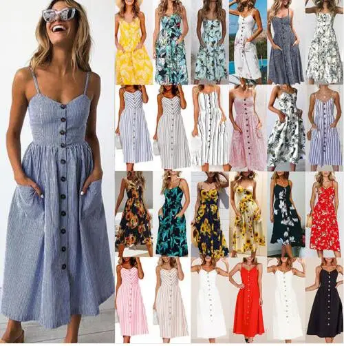 

UK Womens Strappy Button Pocket Holiday Dress Summer Beach Midi Swing Sundress