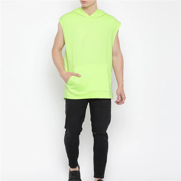 100% polyester longline mouwloze neon groene hoodie met side zip
