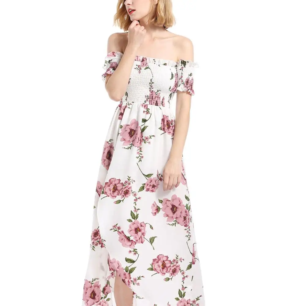 

Factory price Fashion designs flowers print dresses flouncing strapless slit maxi dress for women, As picture;customized