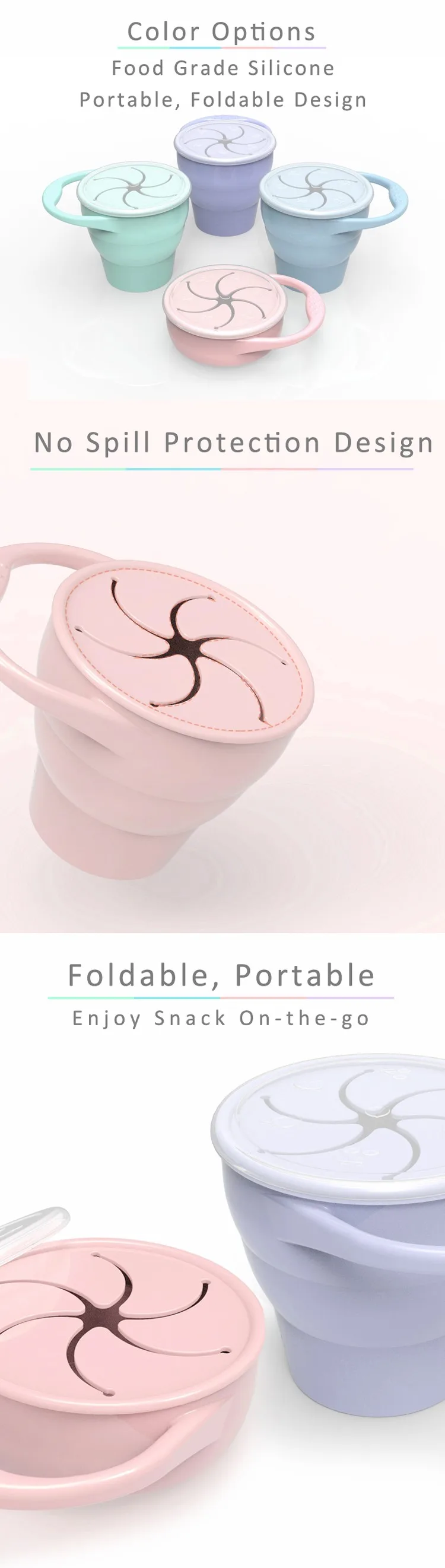 Spill Proof Collapsible Strap Lid Silicon Baby Snack Bowl Silicone