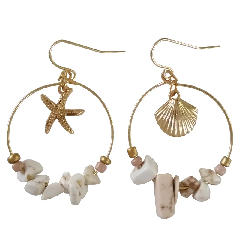 

Summer Beach Jewelry Gold Alloy Sea Shell Starfish Hook Drop Earrings Gold Round Circle Earrings with Stone Beads