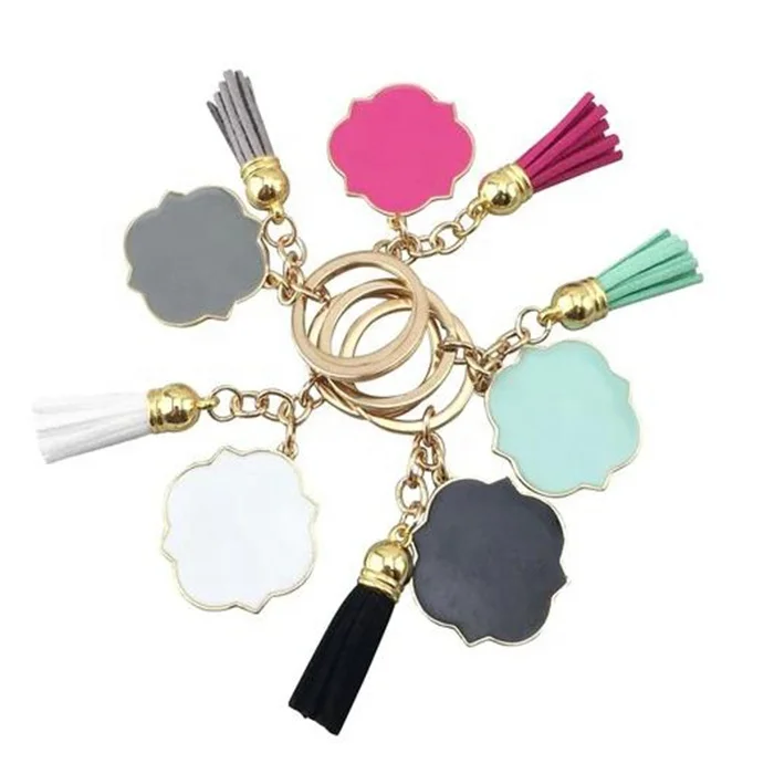 

Wholesale Personalized Quatrefoil Enamel Tassel Gold Blank Acrylic Keychain, Black,white,gray,mint,rose red