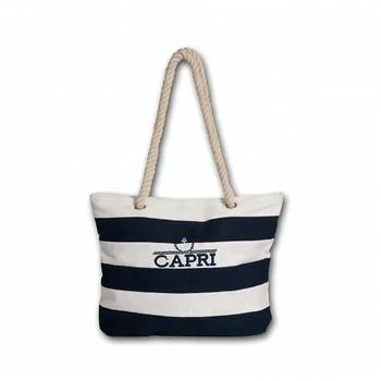 blue and white striped tote bag