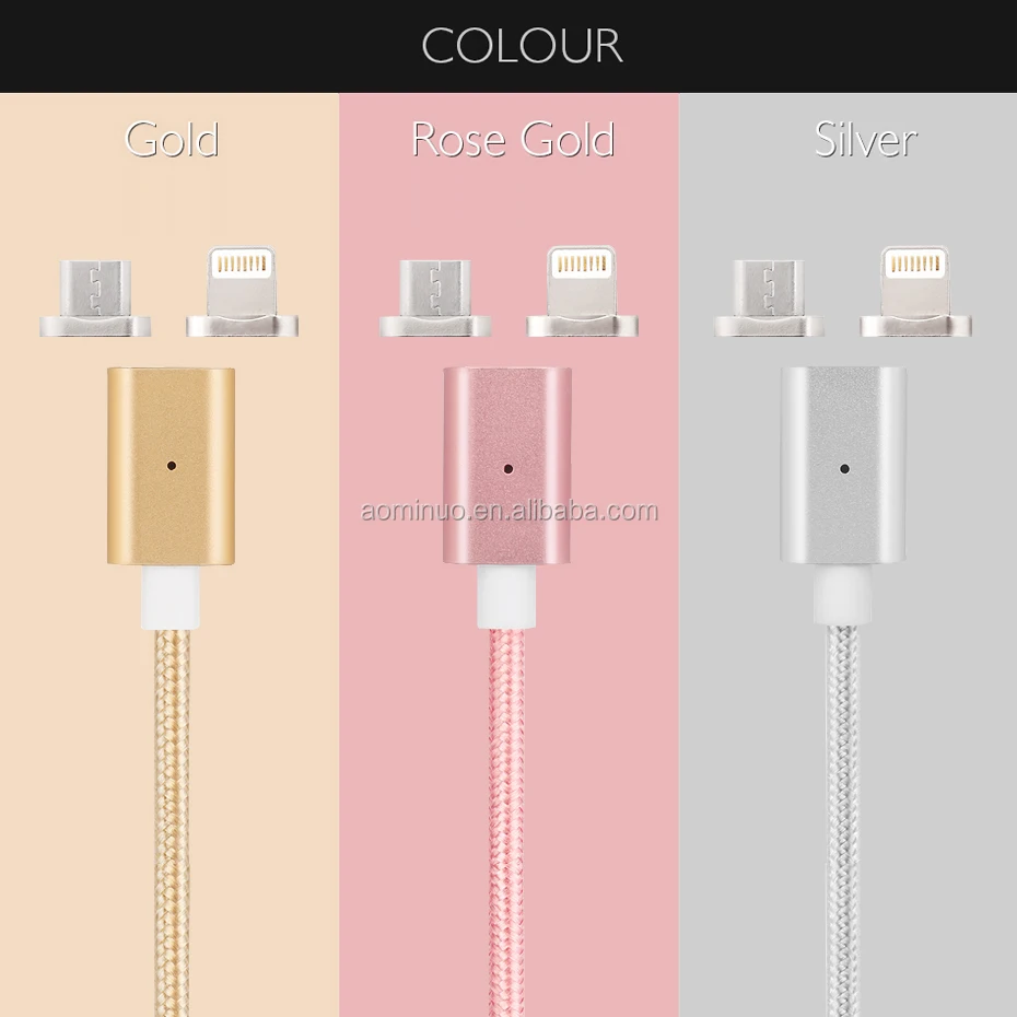 

Braided Nylon Aluminum case Magnetic 2 in 1 Micro + 8 pins USB Data Sync Charging Cable For samsung S6 S7 and for iphone, Grey rose gold gold